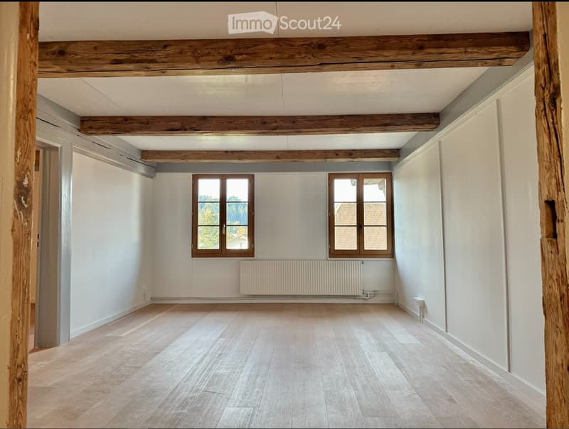 Empty room with wooden flooring, white walls, exposed wooden beams, and two windows with brown frames. Radiator is visible below the windows.