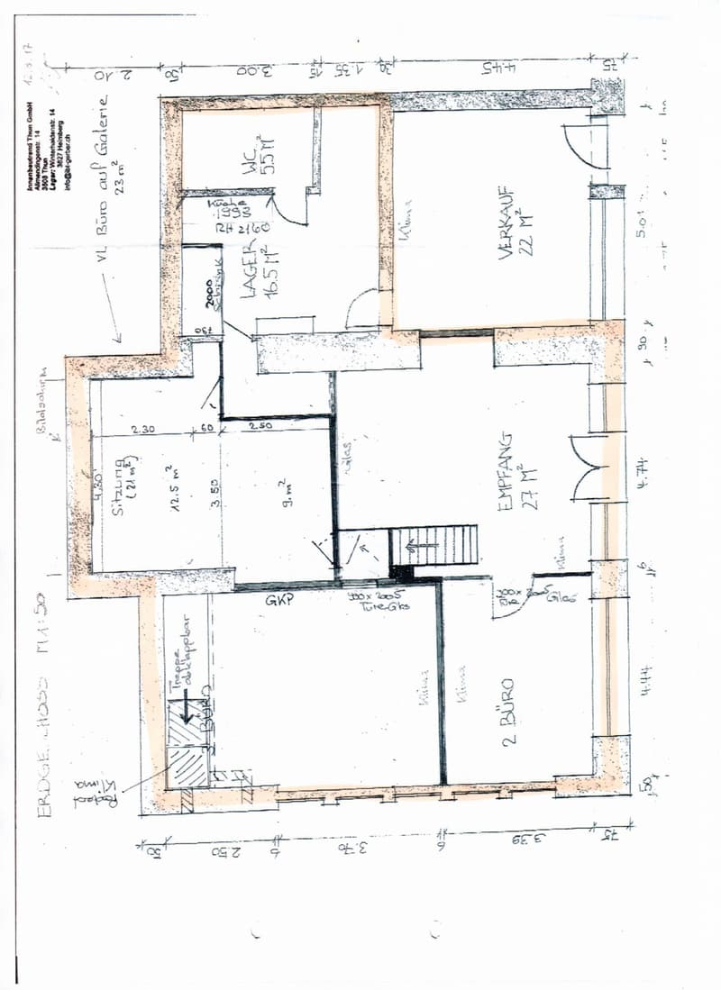 Floor plan showing a layout with labeled rooms including a kitchen, living room, bedroom, and office. Dimensions and measurements are indicated.