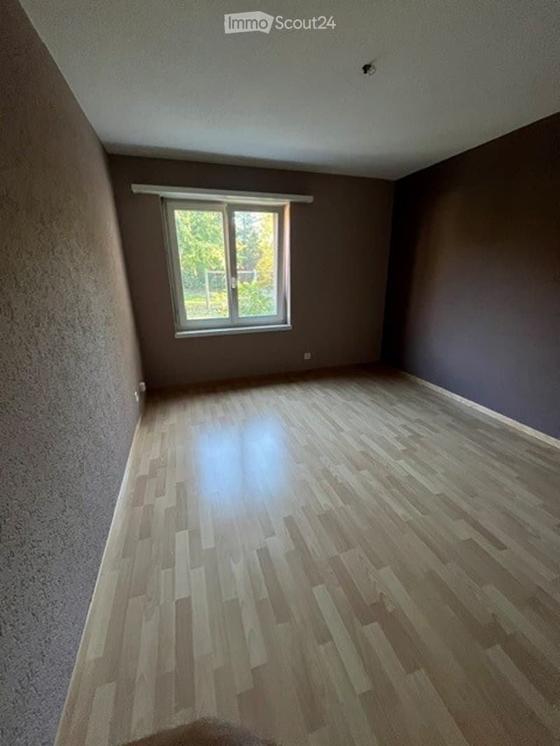 Empty room with wooden flooring, brown walls, and a large window with white frame.