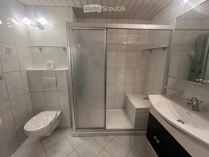 Modern bathroom with tiled walls and floor, featuring a toilet, sink, mirror, and a glass-enclosed shower stall.