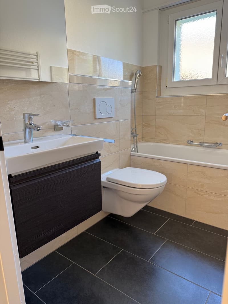 Modern bathroom with beige tiles, dark floor tiles, a white sink with a chrome faucet, a toilet, a bathtub with a showerhead, and a mirror above the sink.