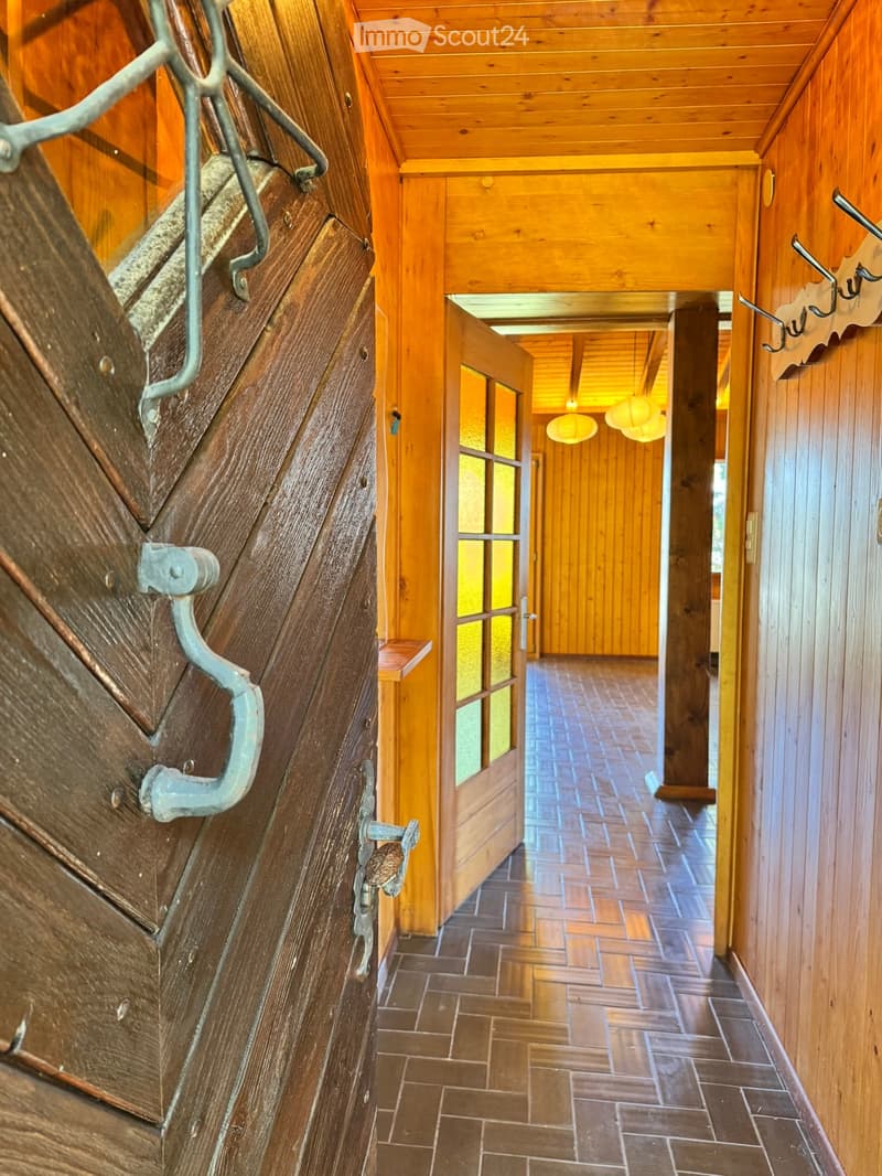 Wooden hallway with tiled floor, wooden walls, and hanging lights. Features a door with glass panels and decorative metal hooks on the walls.