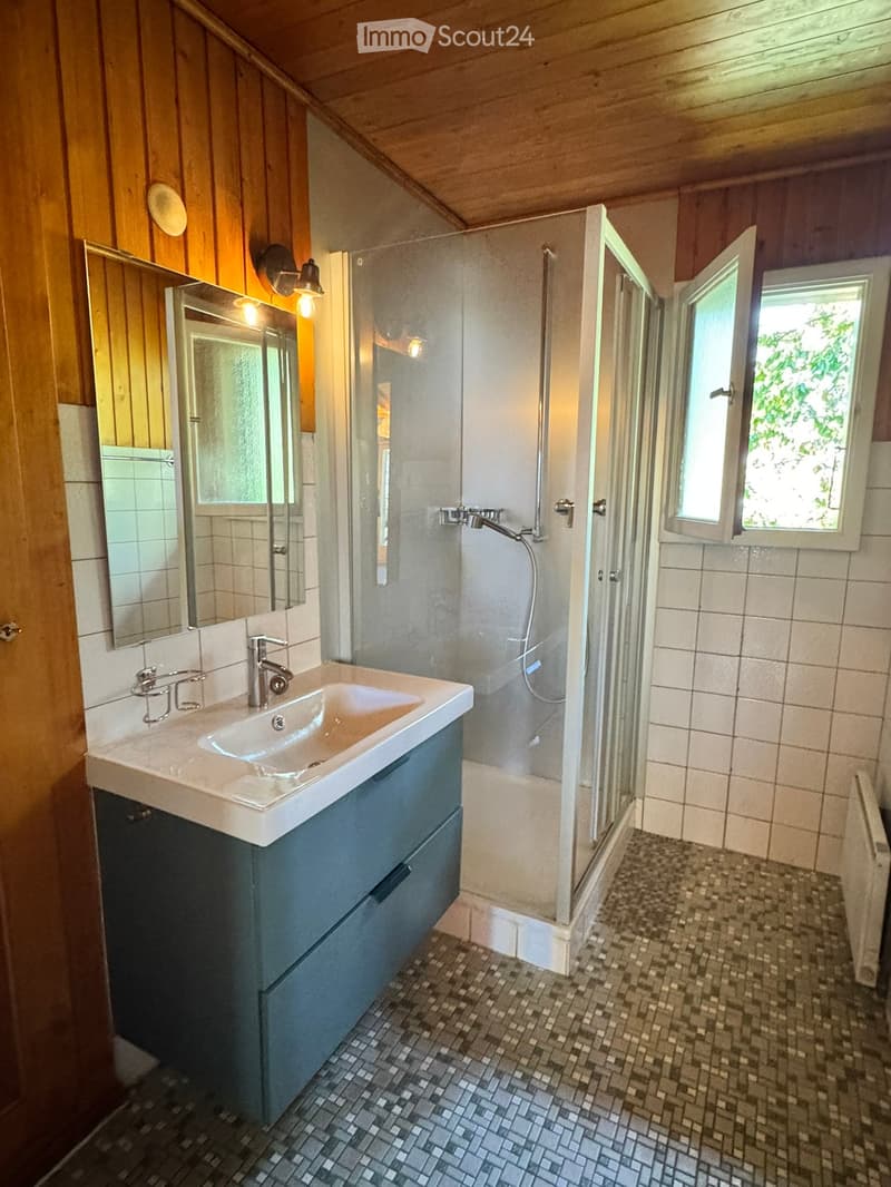 Bathroom with a white sink, mirror, and a glass-enclosed shower. The room features wooden walls and a slanted wooden ceiling, with a window providing natural light.