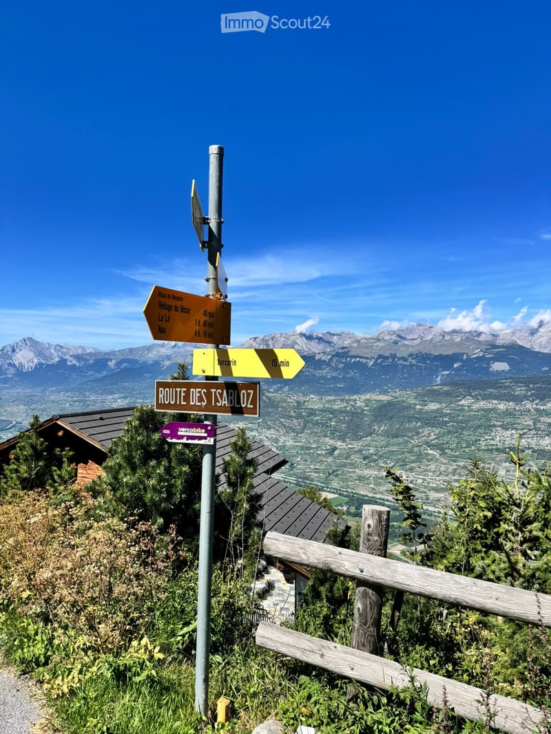 A scenic mountain view with directional signs, wooden fence, and lush greenery.