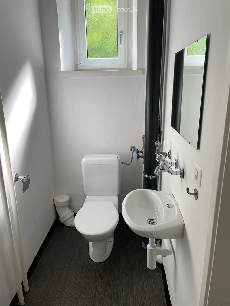 Compact bathroom with white toilet, sink, and mirror, featuring a window with frosted glass and a towel rack on the wall.