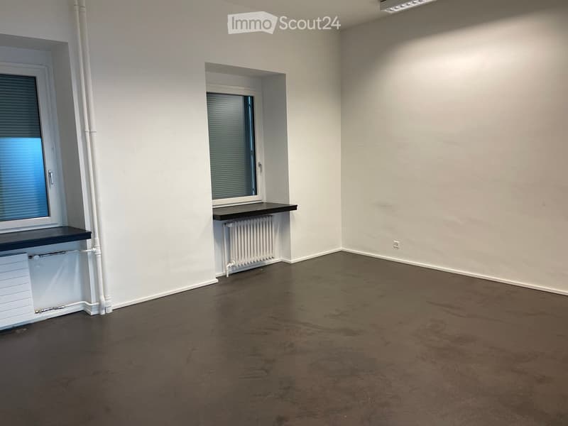 Empty room with white walls, dark flooring, two windows with blinds, and built-in shelves with radiators below them.