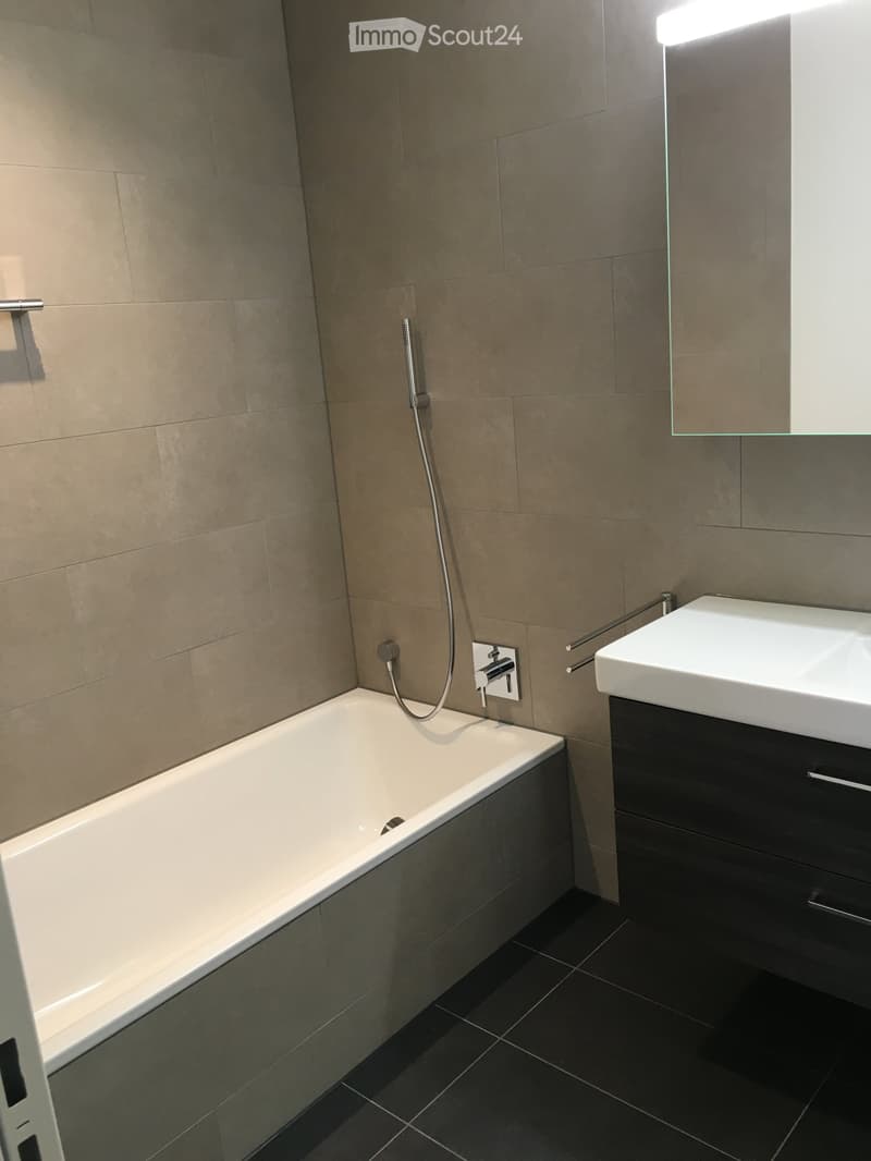 Modern bathroom with a white bathtub, a white sink on a dark cabinet, and a chrome faucet above the bathtub.