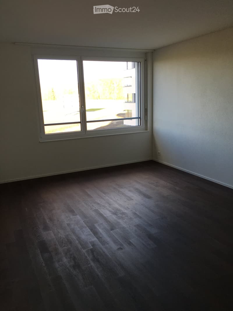 Empty room with dark wooden flooring and large windows letting in natural light.