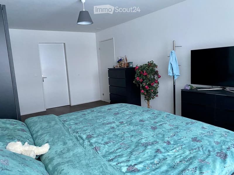 A modern bedroom with a large bed covered in a blue floral duvet, a nightstand with a lamp, a dresser, a screen, a plant, and a toy on the bed.