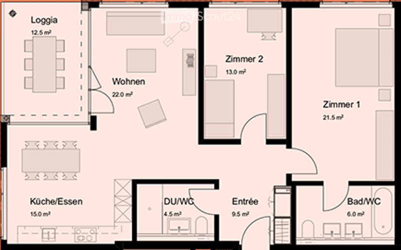 Floor plan of a 3-room apartment with a living area, two bedrooms, kitchen/dining area, bathroom, and entrance.