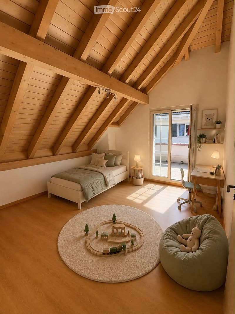 Cozy attic bedroom with wooden beams, a bed, desk, chair, beanie chair, toy train set, and a large window opening to a balcony.