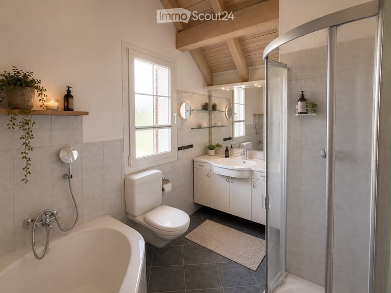 Modern bathroom with a bathtub, toilet, sink, and walk-in shower. Features include a large window, wooden ceiling beams, and decorative plants on shelves.