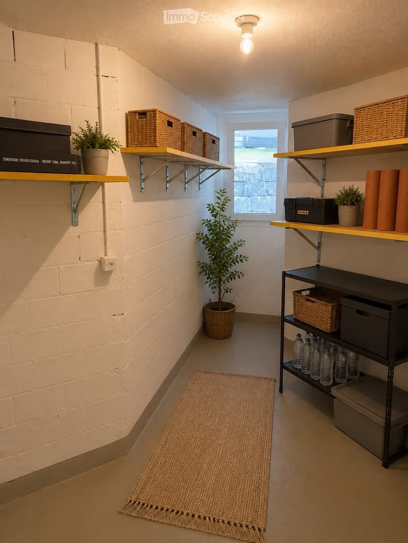 A narrow hallway with white brick walls, yellow shelves holding various items including wicker baskets, potted plants, and storage boxes. A small rug is placed on the floor, and a window at the end allows natural light to enter.