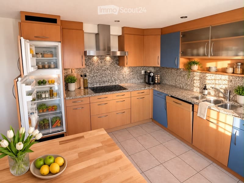 Modern kitchen with wooden cabinets, granite countertops, stainless steel appliances, and a central island with a bowl of fruit and a vase of tulips.