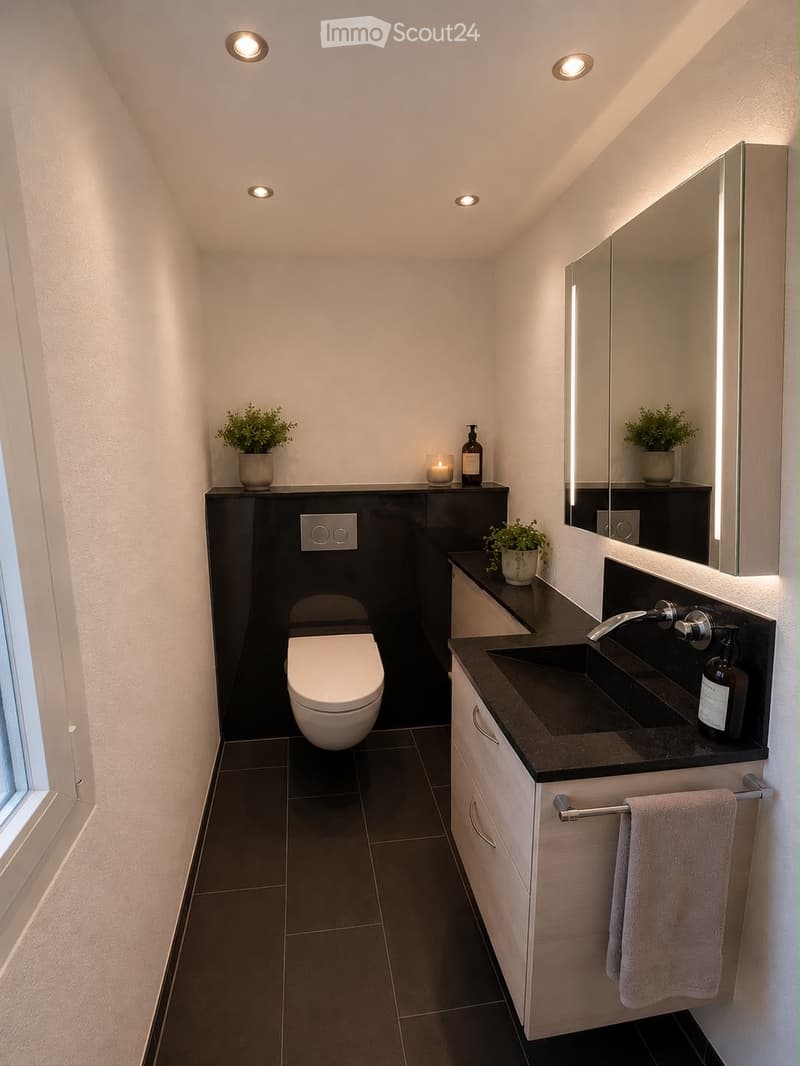 Modern bathroom with dark tiles, white toilet, sink, and mirrored cabinet. Features include a towel rack, small potted plant, and decorative candle on the counter.