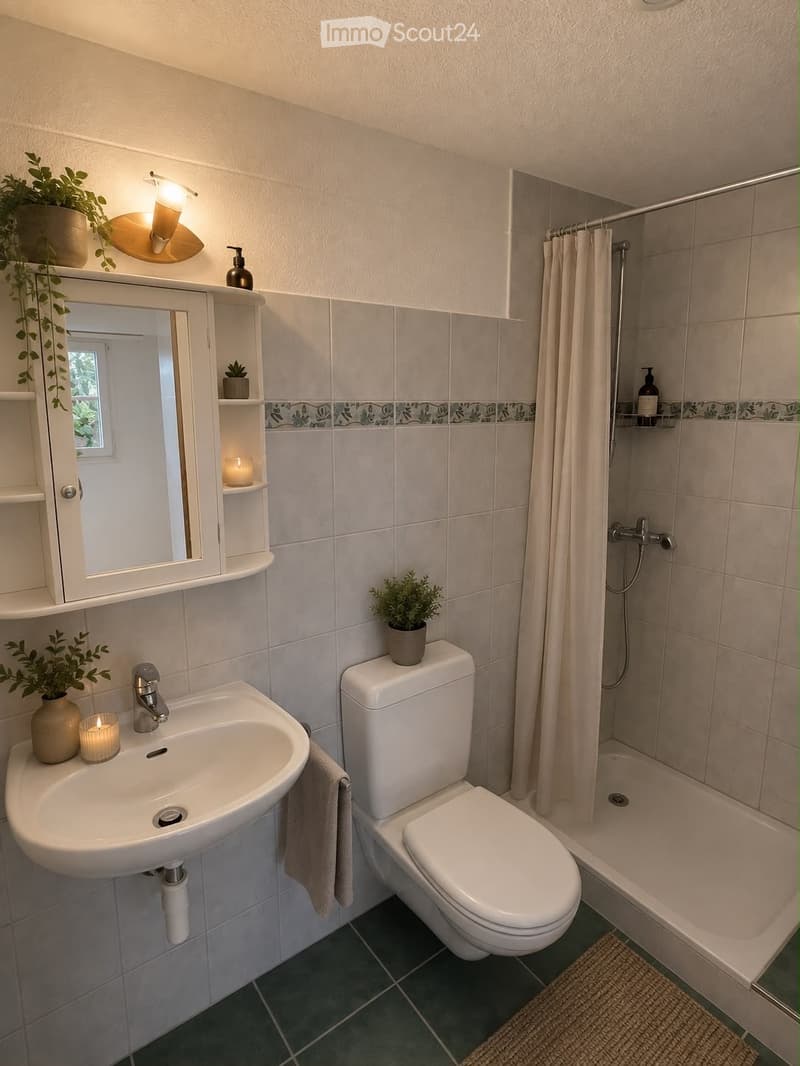 Modern bathroom with a white sink, toilet, mirror cabinet, and shower. Features include a towel, candles, and small potted plants on shelves and the toilet tank.