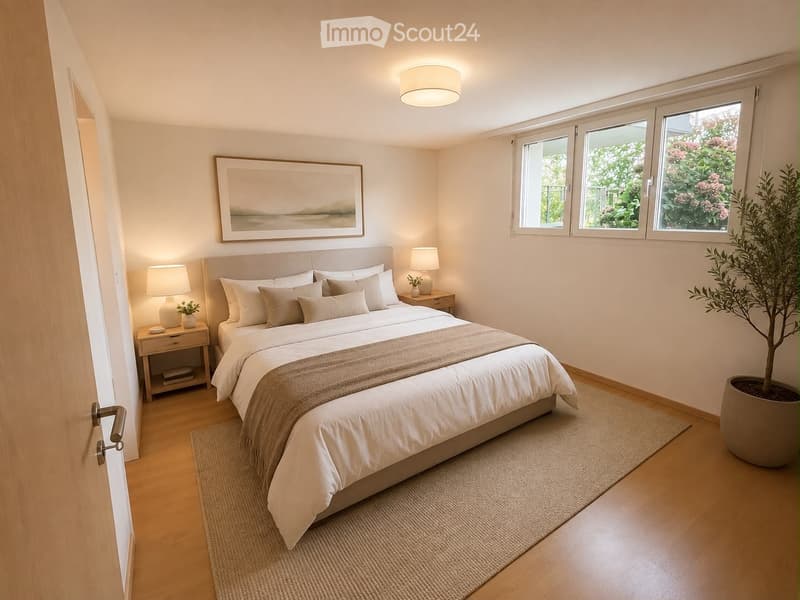 Modern bedroom with a large bed, nightstands, lamps, a picture frame, and a potted plant near the window.