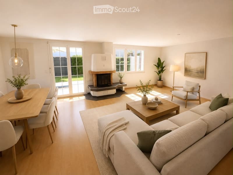 Bright living room with a fireplace, large windows, and a view. Features a sofa, coffee table, dining table, chairs, and decorative plants.