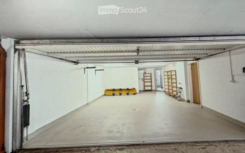 Empty garage with white walls, concrete floor, and a large open door. Minimal shelving and storage units are visible along one wall.