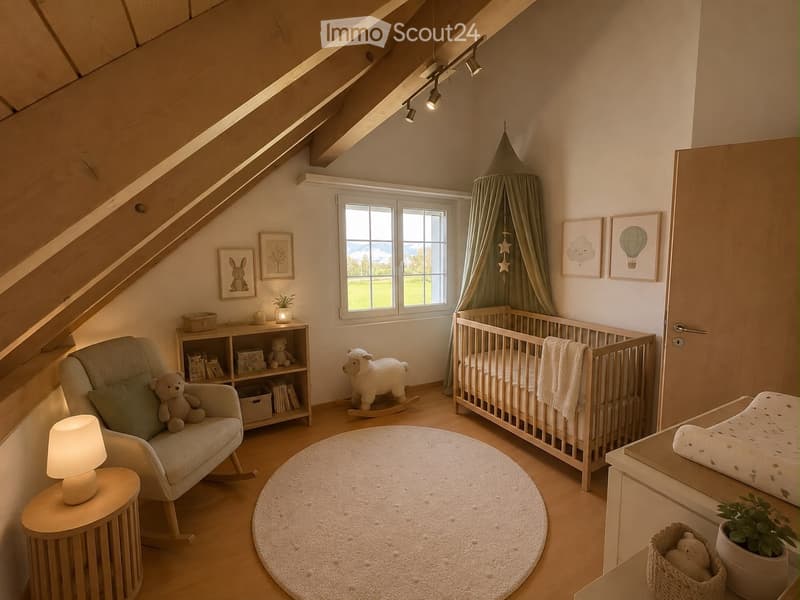 Cozy children's bedroom with a crib, rocking chair, bookshelf, and decorative items.