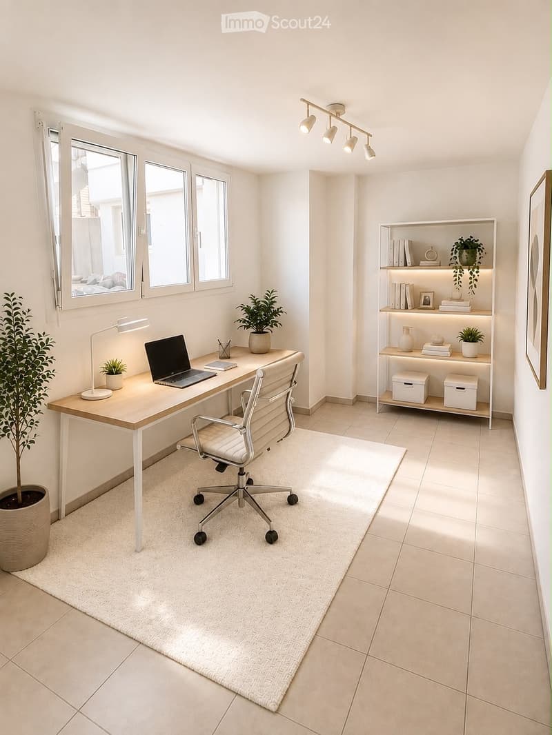 A modern, well-lit home office with a wooden desk, laptop, ergonomic chair, floating shelves with books and decorative items, and potted plants.