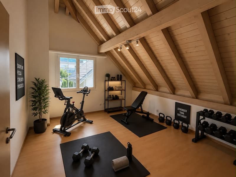 Well-lit attic room with wooden beams, exercise bike, bench, dumbbells, kettlebells, shelf with towels, plant, and motivational signs.