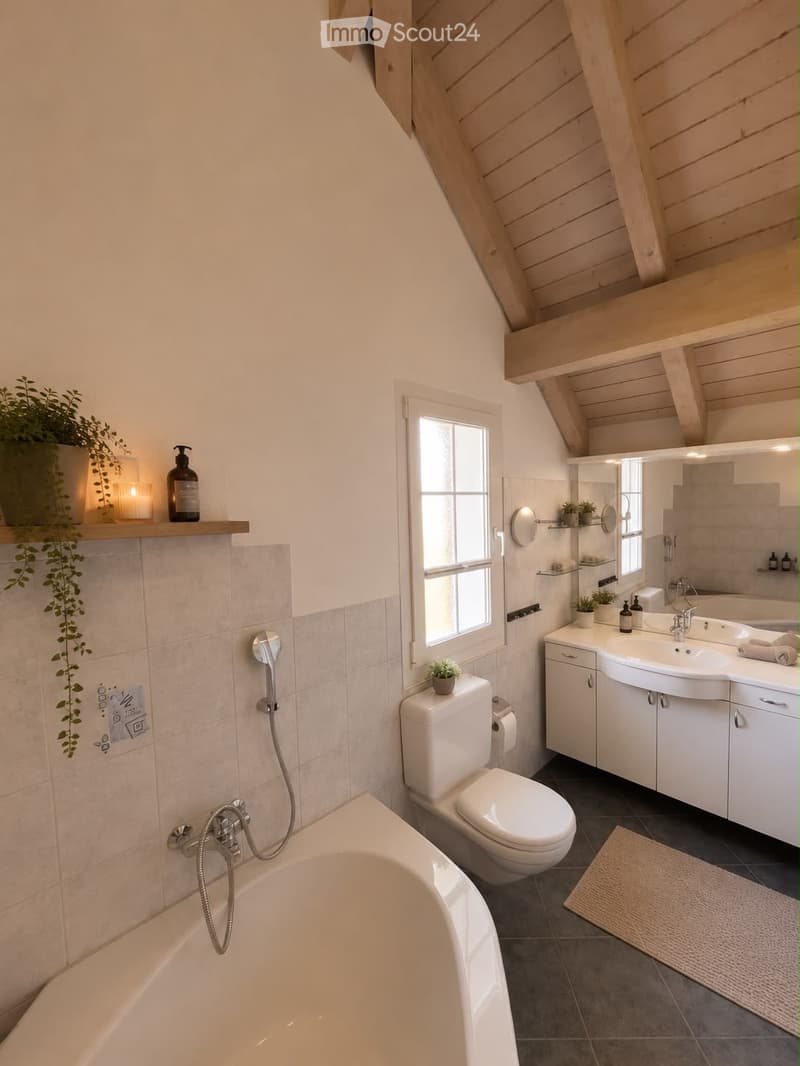 Modern bathroom with a bathtub, toilet, sink, and white cabinets. Features a large window, wooden slanted ceiling, and decorative plants on shelves.