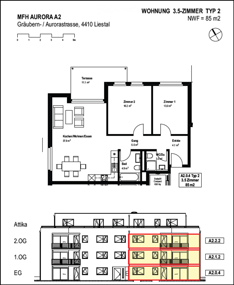Floor plan of a 3.5-room apartment (85 m²) with a kitchen/dining/living area, two bedrooms, a bathroom, hallway, entrance, and a terrace.