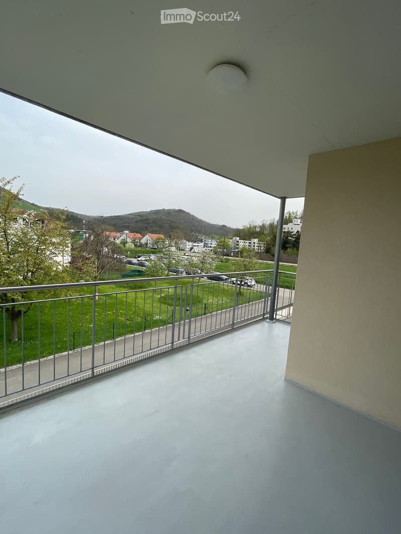 Balcony with metal railing, overlooking a green area with trees and parked cars.