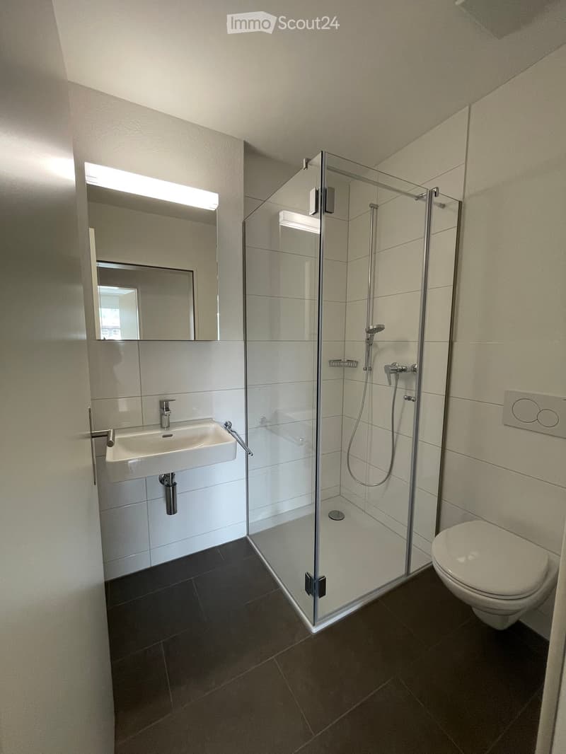 Modern bathroom with a glass-enclosed shower, a sink with a mirror, and a toilet. The walls are tiled in light beige, and the floor is dark grey.