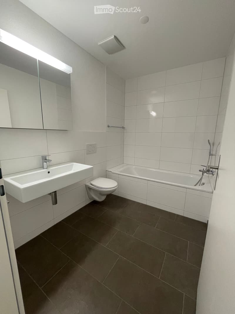 Modern bathroom with white tiles, dark tiled floor, sink, toilet, bathtub, and mirror with built-in storage.