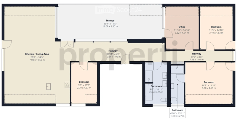 Floor plan of a modern apartment featuring a kitchen/living area, three bedrooms, two bathrooms, an office, and a terrace.