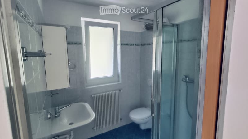 Modern bathroom with a sink, toilet, mirror, radiator, and a glass-enclosed shower. The room features a window for natural light and a sleek, contemporary design.