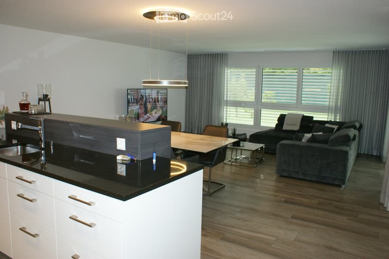 Modern open-plan living and dining area with a kitchen island, sofa, coffee table, and television. The space features wooden flooring, large windows with blinds, and contemporary lighting fixtures.