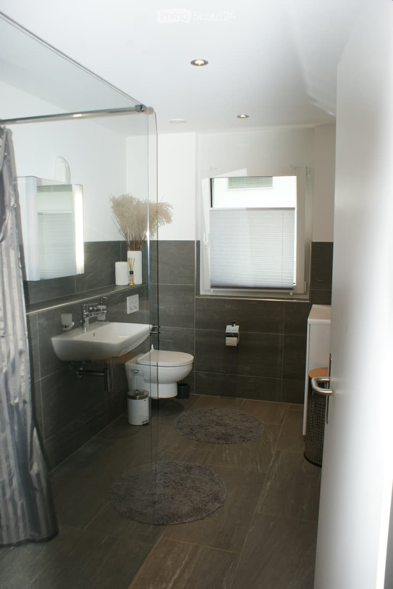 Modern bathroom with dark grey tiles, white sink, toilet, and a glass-enclosed shower area. Includes a mirror, vase with decorative plants, and two round rugs on the floor.