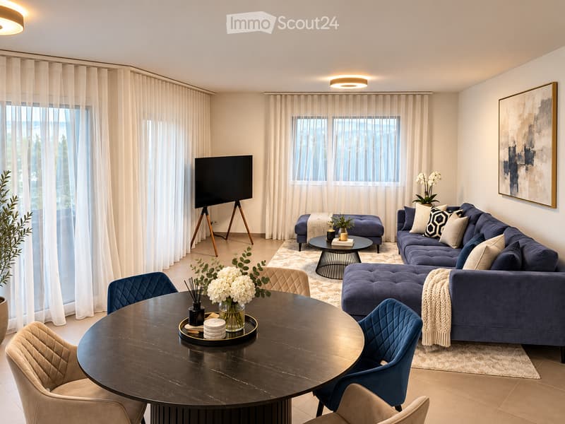 Modern living room with large windows, blue sectional sofa, ottoman, coffee table, dining table with chairs, decorative vases, and a large screen on a tripod.