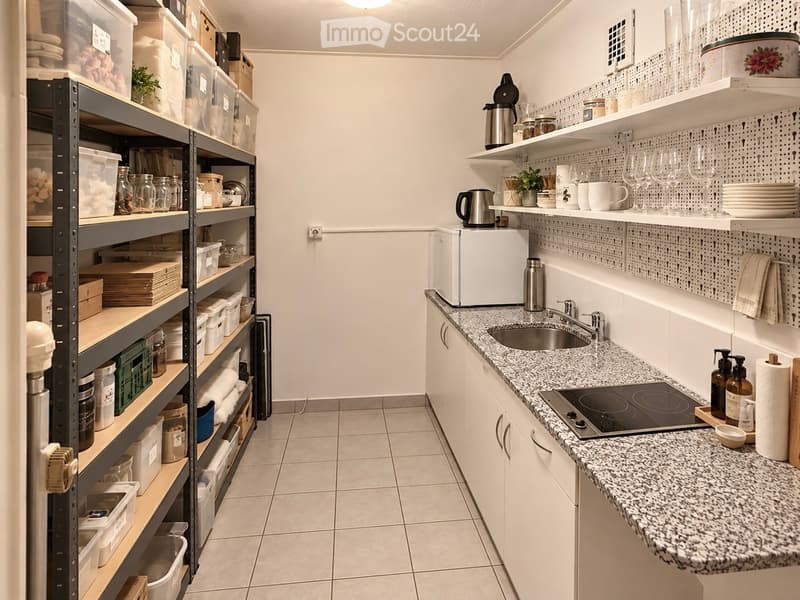 Modern kitchen with white cabinets, granite countertop, induction stove, microwave, sink, and shelves filled with dishes and kitchen items.
