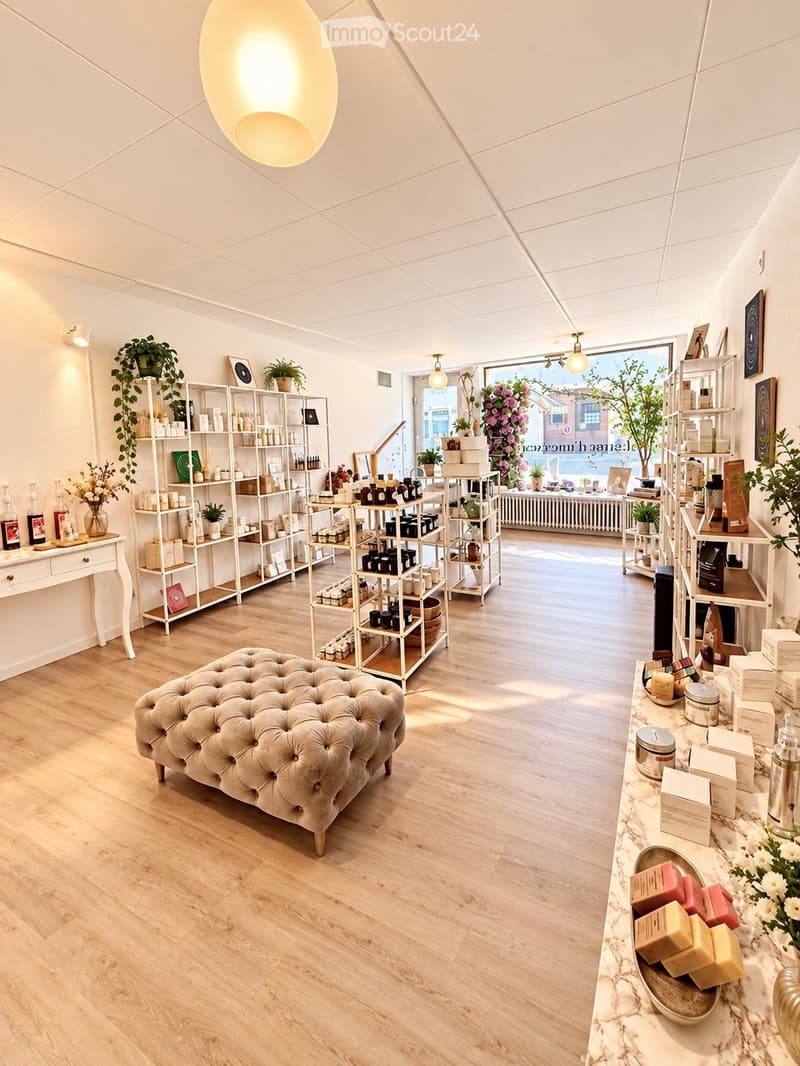 A well-lit, modern retail space with wooden flooring, white walls, and large windows. Features include a tufted sofa, shelves filled with products, decorative plants, and a marble counter with candles and soaps.