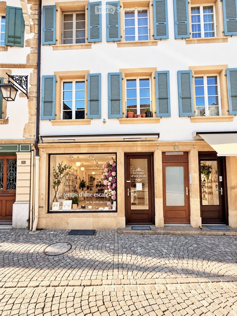 Two-story building with light blue shutters, stone facade, and cobblestone street. Features include a shop entrance with a display window, potted plants on the windowsill, and a decorative wreath on the glass door.