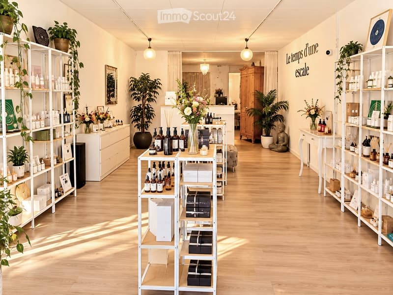 A well-lit, modern retail space with wooden flooring, shelves filled with bottles and products, a central display table with a vase of flowers, potted plants, a wooden cabinet, and a small seating area with a chair and a buddha statue.