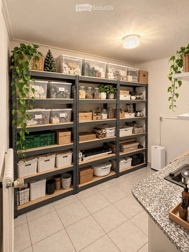 Well-organized storage room with metal shelving units filled with storage bins, jars, and potted plants. A kitchen counter with a sink and faucet is visible on the right side.