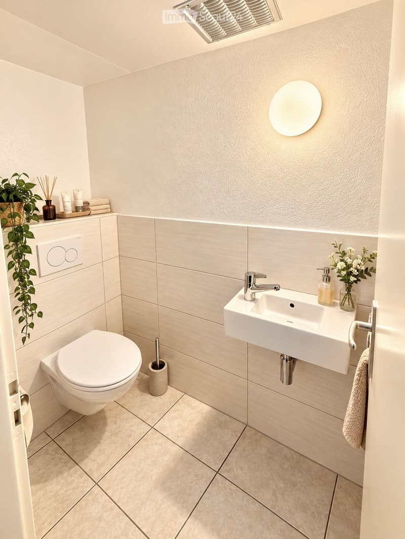 Modern bathroom with a white toilet, a white sink with a chrome faucet, a soap dispenser, a flower vase, a towel, a plant, and a toilet brush holder.
