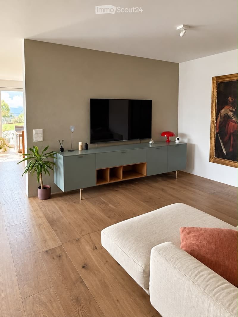 Modern living room with light wooden flooring, a grey sofa with pink cushions, a flat-screen TV on a grey cabinet, a table lamp, and a potted plant near the entrance.
