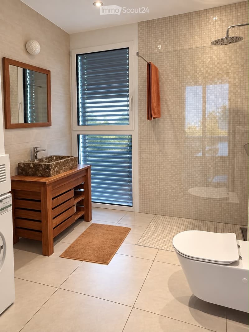Modern bathroom with a wooden vanity, stone sink, large mirror, tiled shower area, and a toilet. Features a large window with blinds and a towel hanging on the wall.