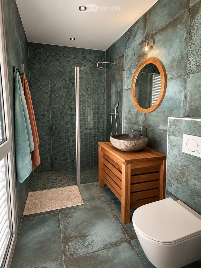 Modern bathroom with green tiled walls and floor, wooden vanity with a stone sink, round mirror, glass-enclosed shower, and towels hanging on the wall.