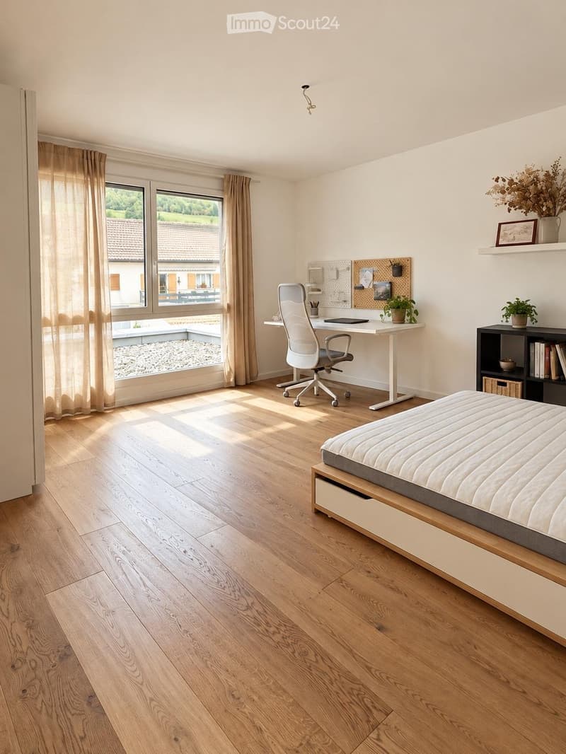 Bright bedroom with wooden flooring, large windows with curtains, a bed with a white duvet, a desk with a chair, and shelves with plants and decorative items.