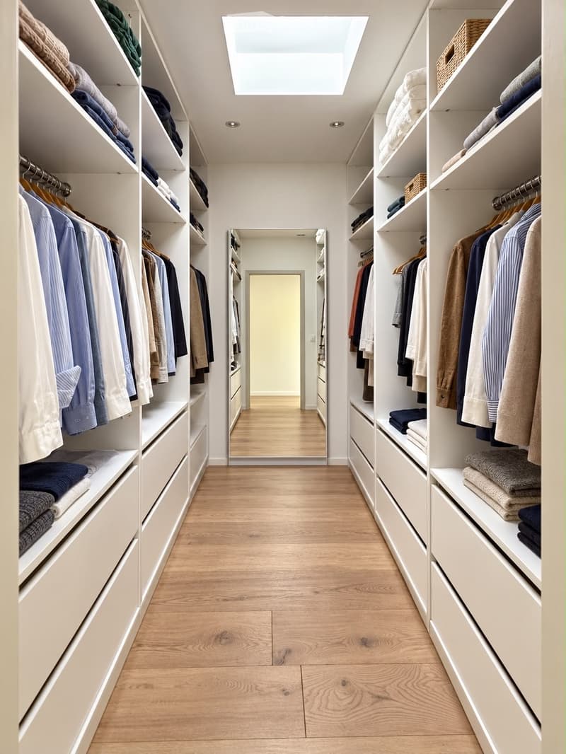 Spacious, well-lit walk-in closet with built-in storage units, wooden flooring, and a skylight above.