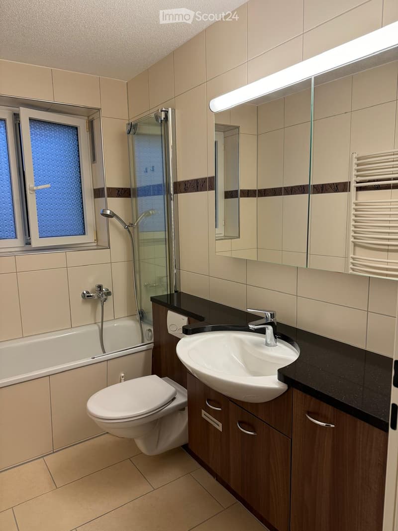 Modern bathroom with a white sink, toilet, bathtub, and a glass-enclosed shower area. Features a large mirror, wooden cabinets, and a window with frosted glass.