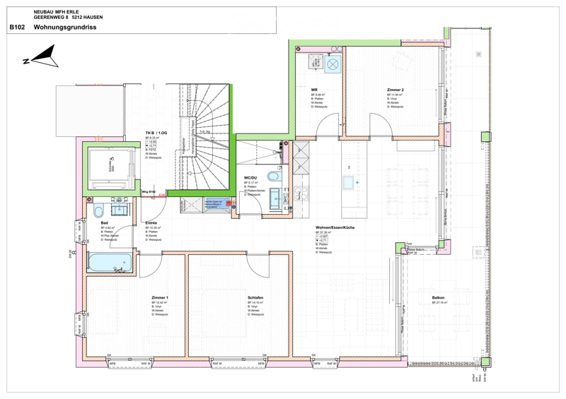 Floor plan of a residential unit showing multiple rooms including a living/dining/kitchen area, two bedrooms, a bathroom, a WC/DU, an entrance, and a balcony.