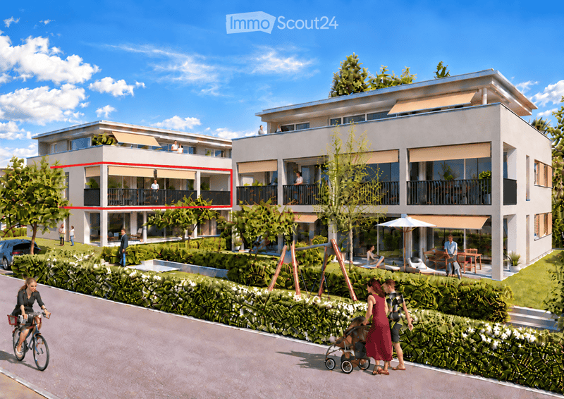 Modern two-story residential building with balconies, surrounded by greenery and outdoor seating areas. People are seen walking, cycling, and enjoying the outdoor spaces.